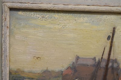 Lot 300 - Ernest Higgins Rigg (Staithes Group, 1868-1947) - Oil on board - Harbour scene