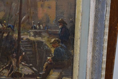 Lot 300 - Ernest Higgins Rigg (Staithes Group, 1868-1947) - Oil on board - Harbour scene