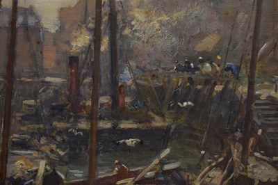 Lot 300 - Ernest Higgins Rigg (Staithes Group, 1868-1947) - Oil on board - Harbour scene