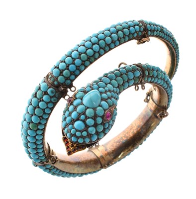 Lot 38 - 19th century turquoise, ruby and garnet bangle modelled as a snake