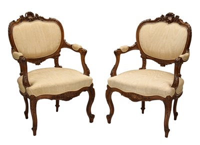 Lot 573 - Pair of upholstered open armchairs or fauteils