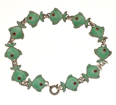 Lot 124 - Volmer Bahner (1912-1995) Danish green enamelled silver fish bracelet