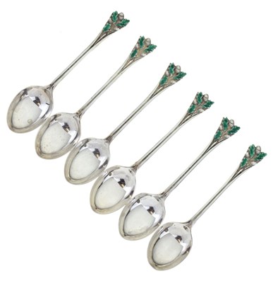 Lot 92 - Cased set of six George V silver spoons with enameled oak leaf and acorn decoration