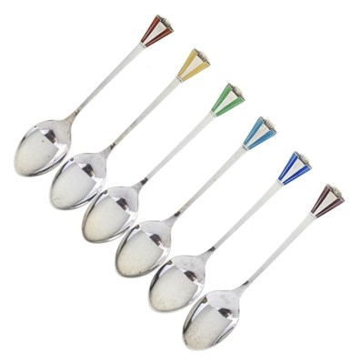 Lot 93 - Cased set of six George VI silver spoons with enameled Art Deco decoration