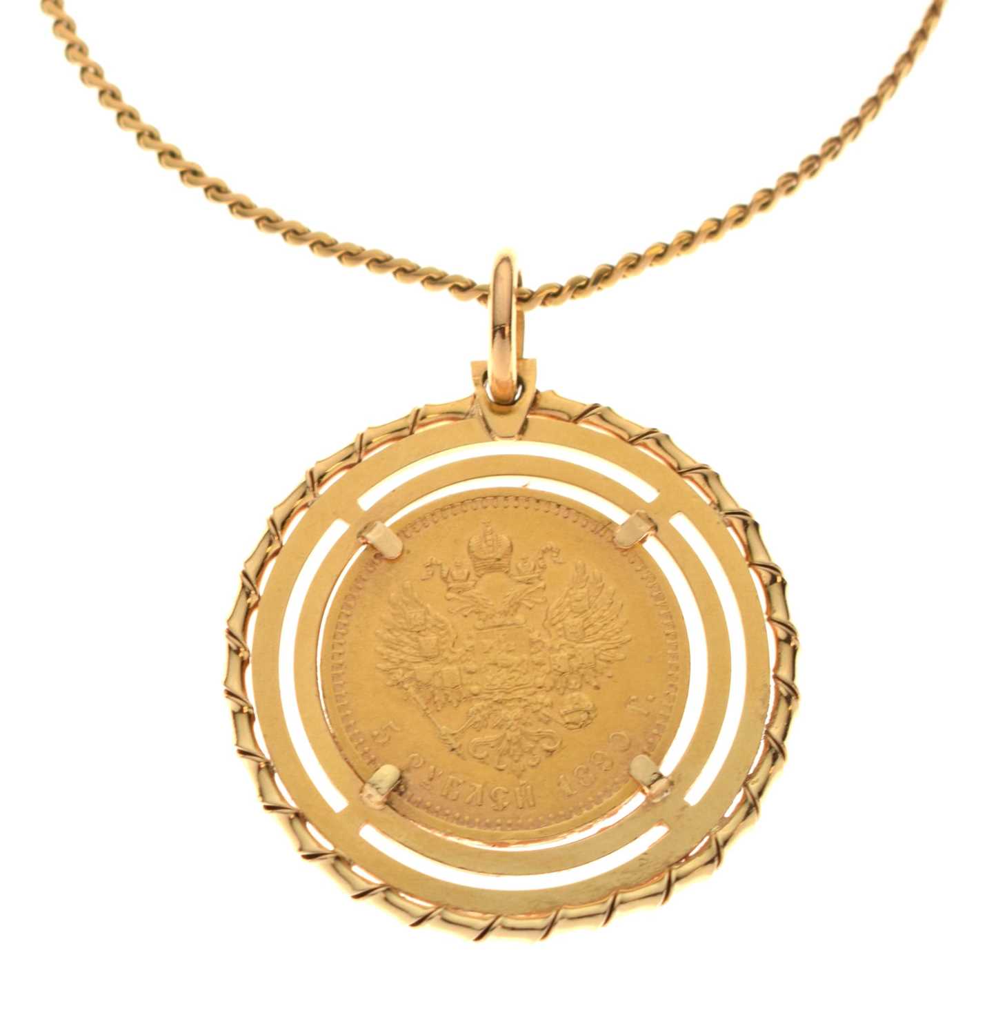 Lot 143 - Russian five rubles gold coin, 1890, in unmarked yellow metal pendant mount with chain