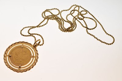 Lot 143 - Russian five rubles gold coin, 1890, in unmarked yellow metal pendant mount with chain