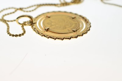 Lot 143 - Russian five rubles gold coin, 1890, in unmarked yellow metal pendant mount with chain