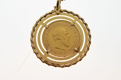 Lot 143 - Russian five rubles gold coin, 1890, in unmarked yellow metal pendant mount with chain
