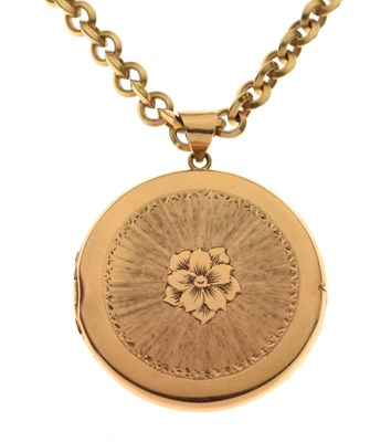 Lot 98 - Engraved circular locket and belcher link chain