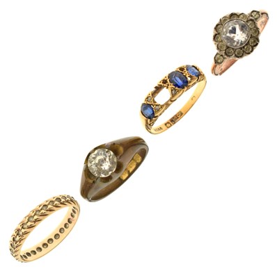Lot 64 - Sapphire and diamond 18ct yellow boat head ring, etc
