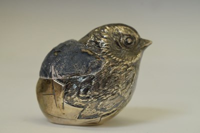 Lot 92 - Edward VII silver novelty pin cushion in the form of a hatching chick