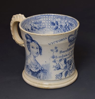Lot 301 - Royal Interest - 19th century blue and white Queen Victoria Coronation mug 1838