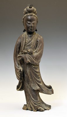 Lot 351 - Large Chinese Qing Dynasty carved hardwood figure of Guanyin