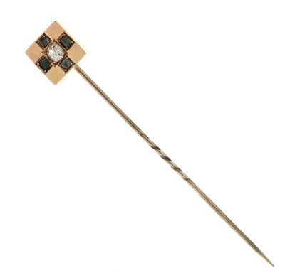 Lot 69 - Victorian diamond and green stone yellow metal stick pin