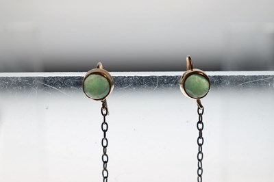 Lot 65 - Pair of early 20th century jade yellow metal drop earrings