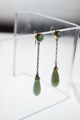 Lot 65 - Pair of early 20th century jade yellow metal drop earrings