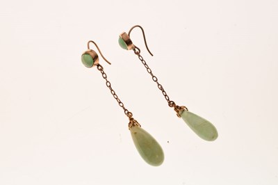 Lot 65 - Pair of early 20th century jade yellow metal drop earrings