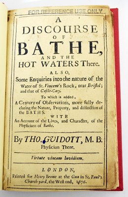 Lot 602 - Guidott, Thomas M. B. - 'Discourse of Bathe' - First edition 1676