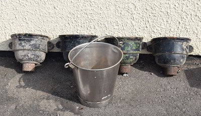 Lot 761 - Four cast rain hoppers and a steel dairy bucket by Spinx