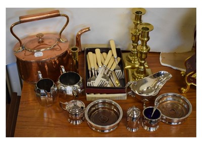 Lot 681 - Sundry plated wares, pair brass candlesticks, copper kettle etc