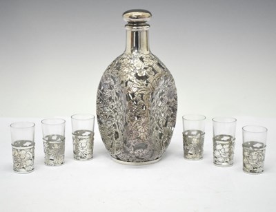 Lot 126 - Late 20th Century Japanese white metal and glass sake decanter set