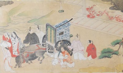 Lot 545 - Japanese woodblock print of a Heian ox cart procession