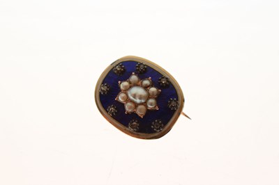 Lot 24 - 19th century blue enamel yellow metal and pearl brooch, rose-cut diamonds to border