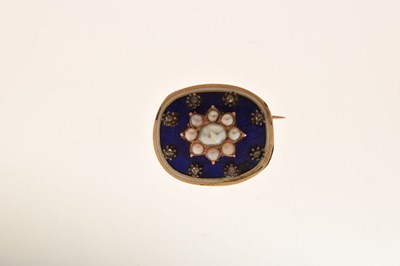 Lot 24 - 19th century blue enamel yellow metal and pearl brooch, rose-cut diamonds to border