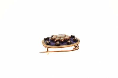 Lot 24 - 19th century blue enamel yellow metal and pearl brooch, rose-cut diamonds to border