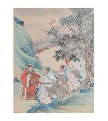 Lot 572 - Chinese watercolour on paper depicting three figures in a landscape