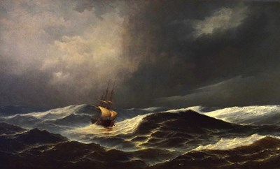 Lot 277 - David James (British, 1853-1904) - Oil on canvas - Three masted schooner on rough sea