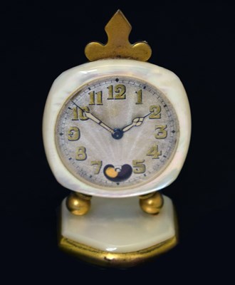 Lot 675 - French mother-of-pearl miniature desk clock, cased