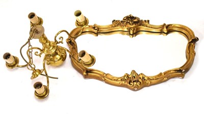 Lot 648 - Five branch brass light fitting, together with a gilt-framed mirror