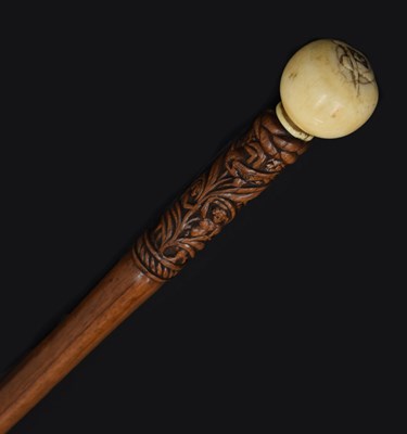 Lot 370 - Early 20th century walking cane with ivory knop having carved Scottish masonic square and compass