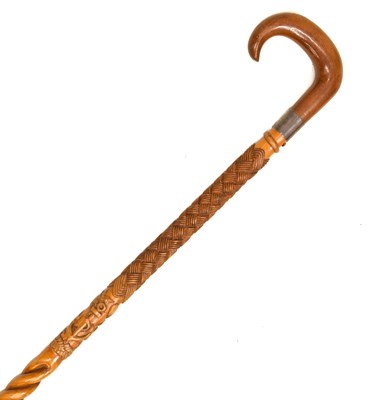 Lot 371 - Early 20th century carved walking stick with masonic white-metal mount
