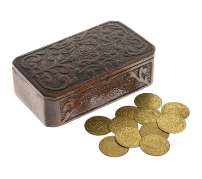 Lot 578 - Unusual 19th century carved wooden box and gaming tokens