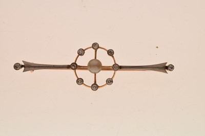 Lot 35 - Edwardian pearl and diamond yellow and white metal set bar brooch