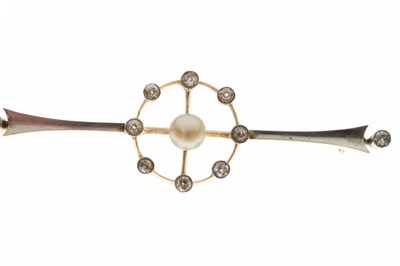 Lot 35 - Edwardian pearl and diamond yellow and white metal set bar brooch