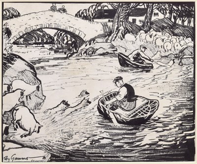 Lot 366 - Reg Gammon (1894-1997) - 'Sheepwashing with Coracles at Cenarth'