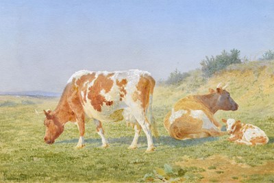 Lot 345 - James Doubting RBA (British, 1841-1904) - Watercolour - 'Cows Grazing, Congresbury'