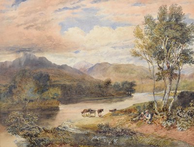 Lot 601 - Attributed to David Cox Jnr. (1809-1885) - Watercolour - Drovers resting by a river