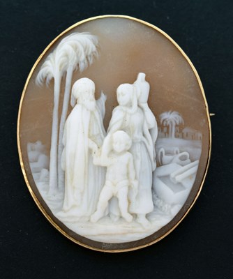 Lot 55 - Shell cameo brooch, depicting Middle Eastern figures in a landscape