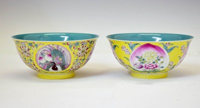Lot 419 - Near pair of Chinese yellow ground porcelain bowls