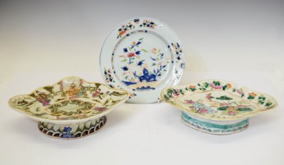 Lot 412 - Chinese export porcelain plate and two later shaped stands