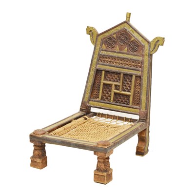 Lot 576 - Swat Valley brass-mounted folding low chair