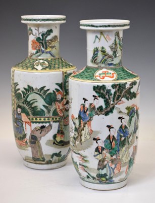Lot 566 - Two similar Chinese Canton Famille Verte porcelain rouleau vases