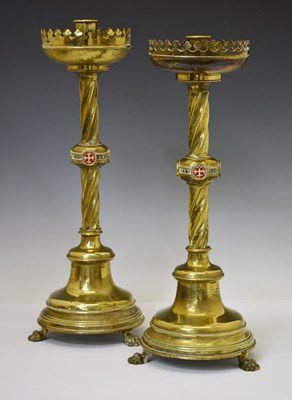 Lot 163 - Pair of mid 19th century Irish gothic revival gilt brass ecclesiastical candlesticks