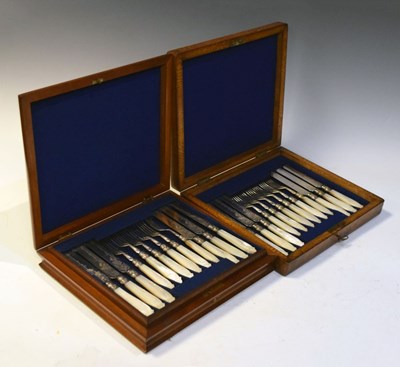 Lot 524 - Mahogany-cased canteen of mother of pearl-handled dessert flatware