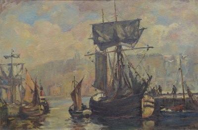 Lot 340 - Gyrth Russell, RI, ROI, RSMA (Anglo-Canadian, 1892-1970) - Oil on canvas board - Harbour scene
