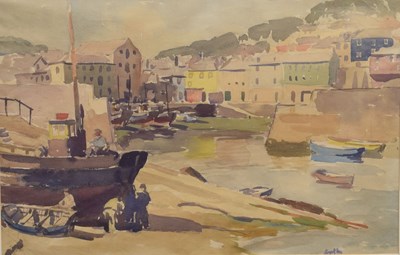 Lot 341 - Gyrth Russell, RI, ROI, RSMA (Anglo-Canadian, 1892-1970) - Watercolour - Repairing Boats, Mevagissey